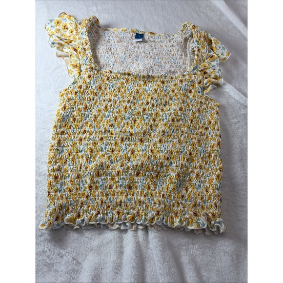 Old Navy Tops - Old Navy Cropped Top‎ Smocked Blouse Women Large Sunflowers Flutter Sleeve Retr